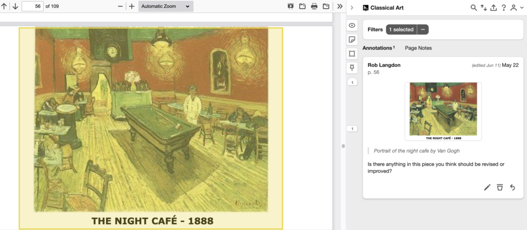 It shows the annotation card in the Hypothesis sidebar displaying a preview of the selected area using the rectangle selection tool along with a saved annotation.